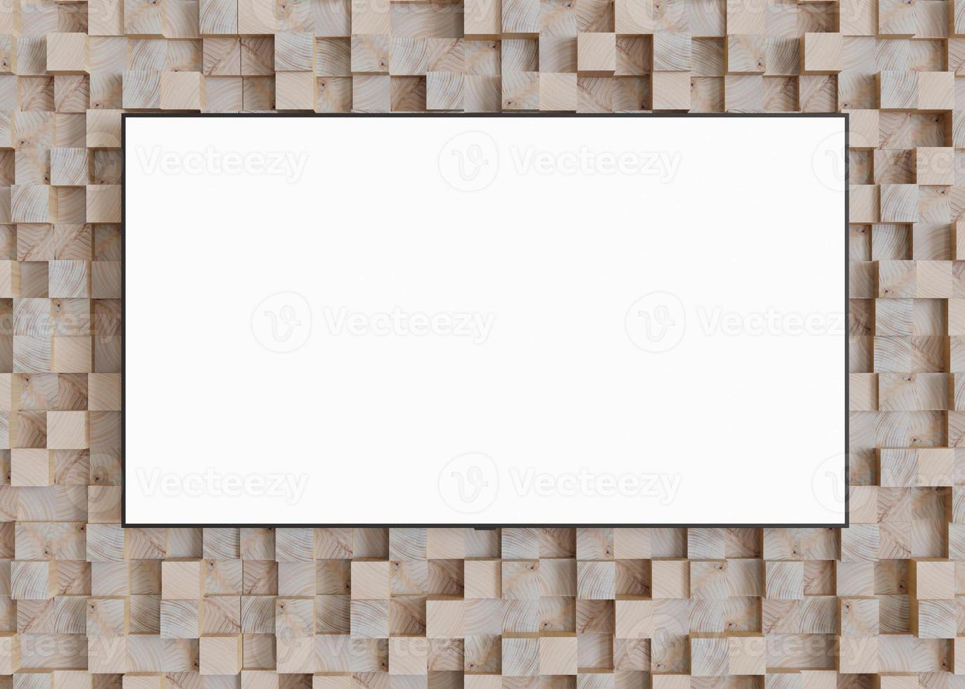 TV mock up. LED TV with blank white screen, hanging on the wall at home. Copy space for advertising, movie, app presentation. Empty television screen ready for your design. Modern interior. 3D render. photo