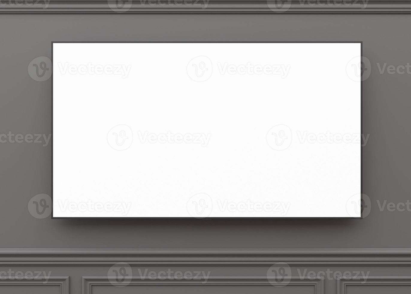 TV mock up. LED TV with blank white screen, hanging on the wall at home. Copy space for advertising, movie, app presentation. Empty television screen ready for your design. Modern interior. 3D render. photo