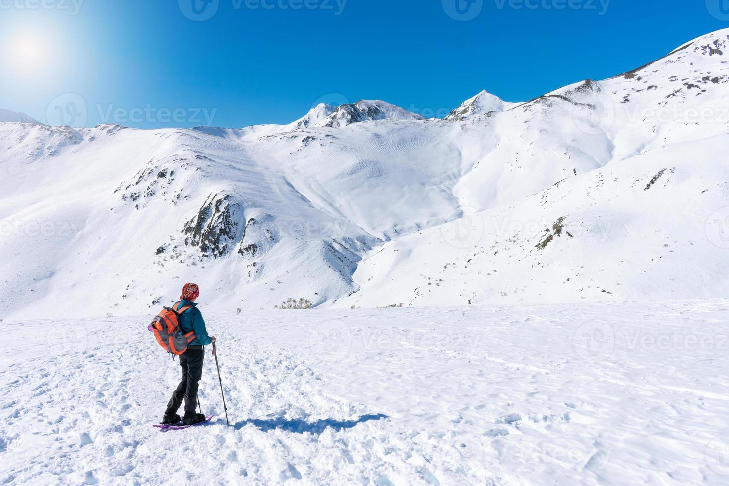 mujer en montaña engranaje contempla el Nevado montaña paisaje foto