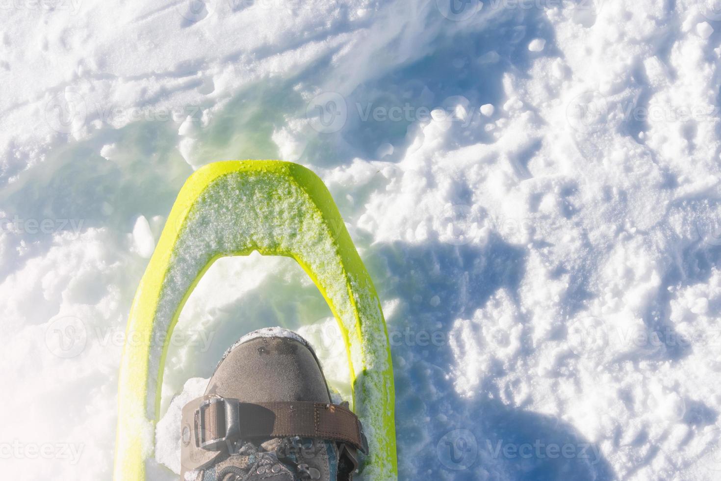 detail of snowshoe on mountaineer's foot photo