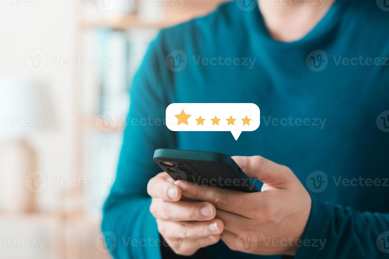 Customer Satisfaction Survey concept, 5-star satisfaction, service experience rating online application, customer evaluation product service quality, satisfaction feedback review, good quality most. photo