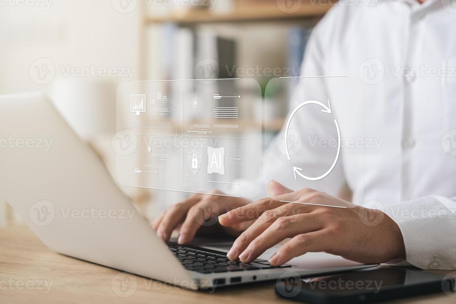 The concept of upgrading the operating system with the latest version, better system software updates, digital software development, data upgrades and future operating system updates. photo