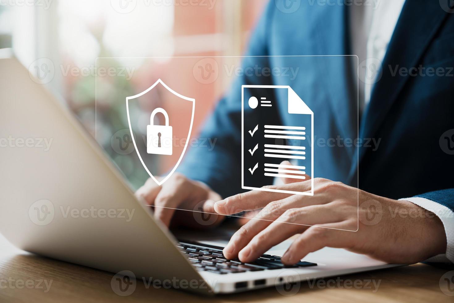 Cybersecurity concept, privacy to protect data, lock icon and internet network security technology on laptop and virtual interface. photo