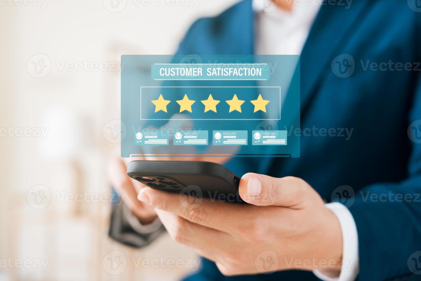 Customer Satisfaction Survey concept, 5-star satisfaction, service experience rating online application, customer evaluation product service quality, satisfaction feedback review, good quality most. photo