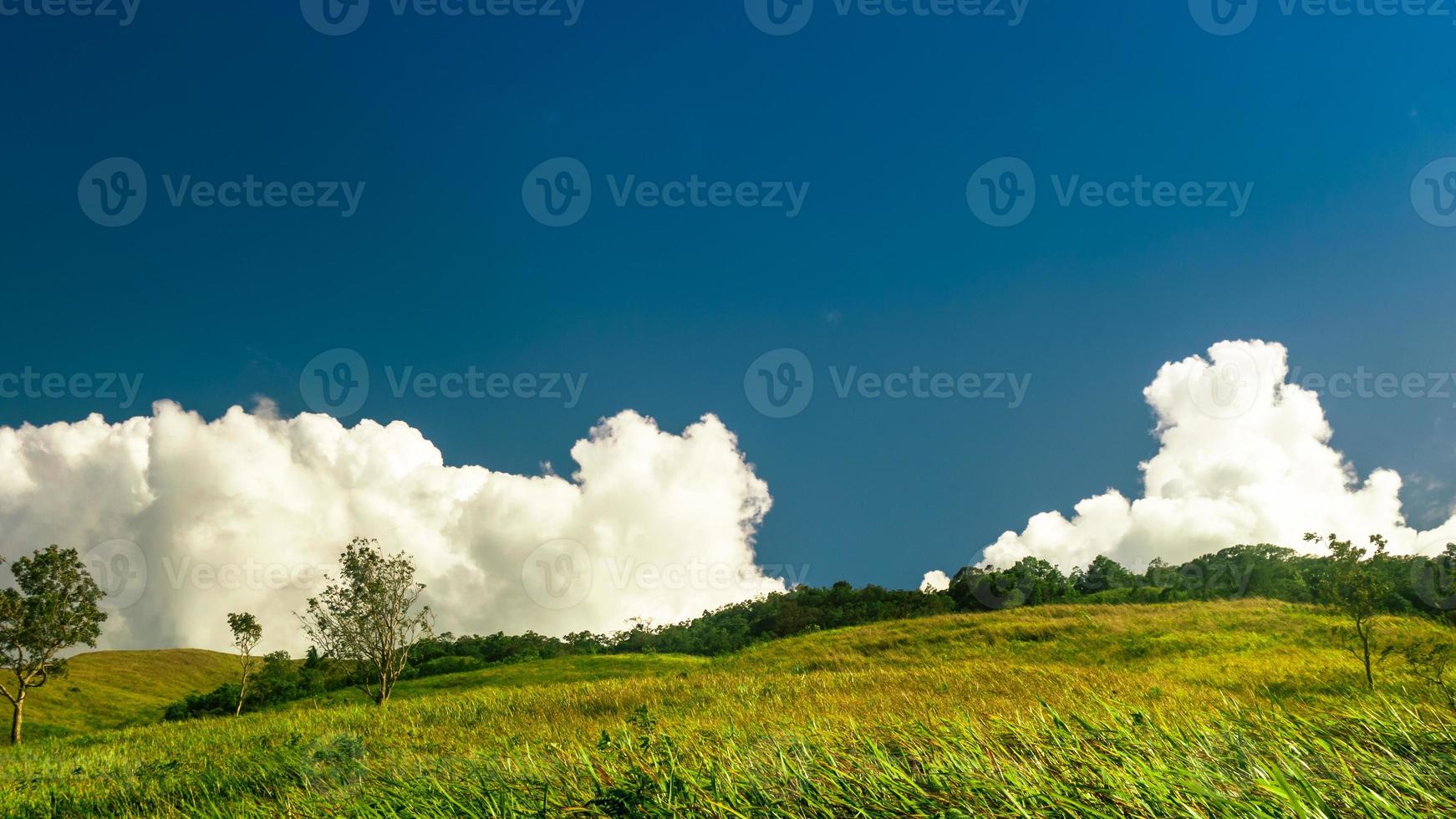 Countryside meadow landscape with clouds and blue sky photo