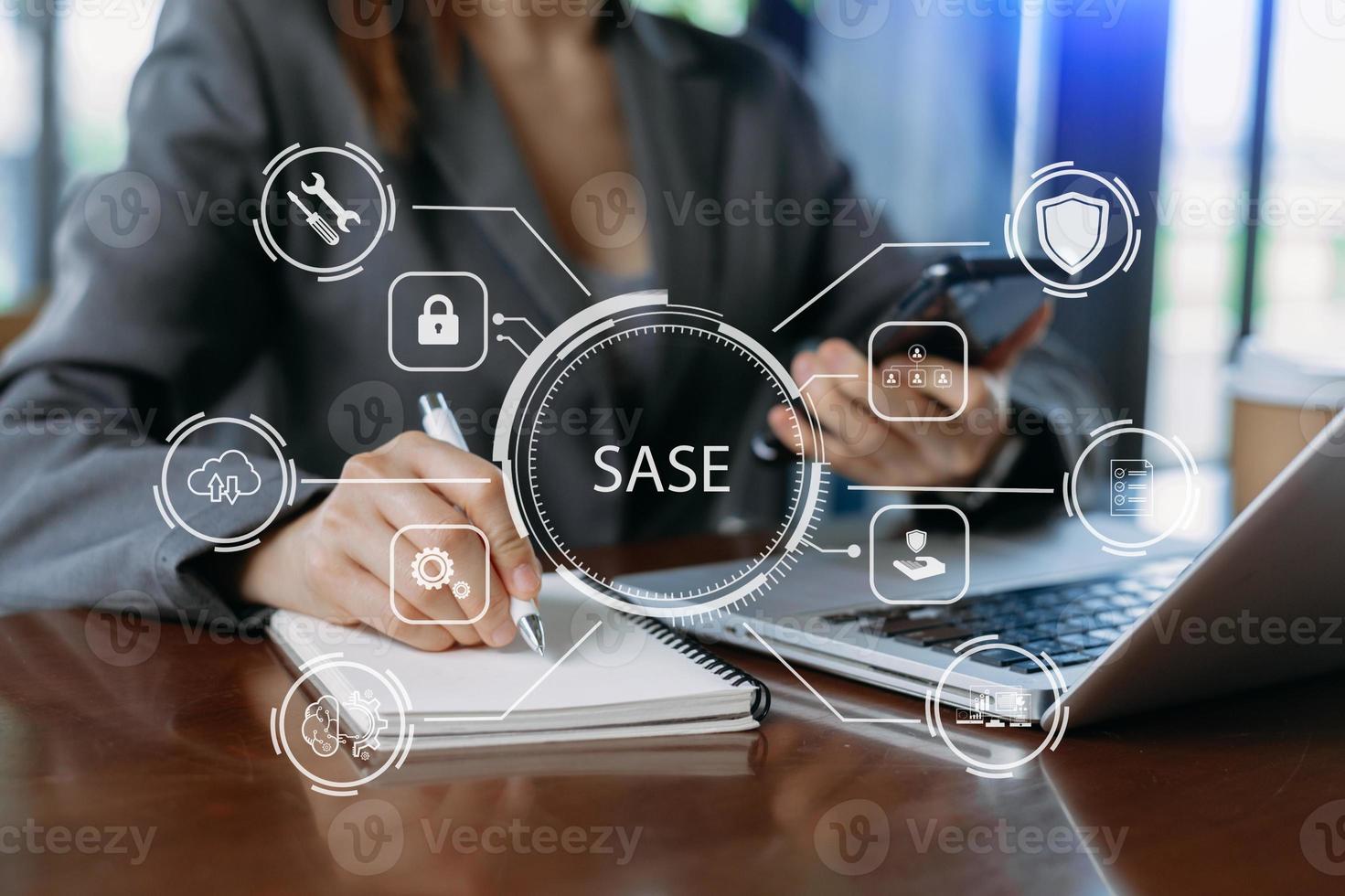 SASE Secure Access Service Edge concept Hand touching Secure Access Service Edge icon on virtual screen background, password, network, framework and support technology in office photo