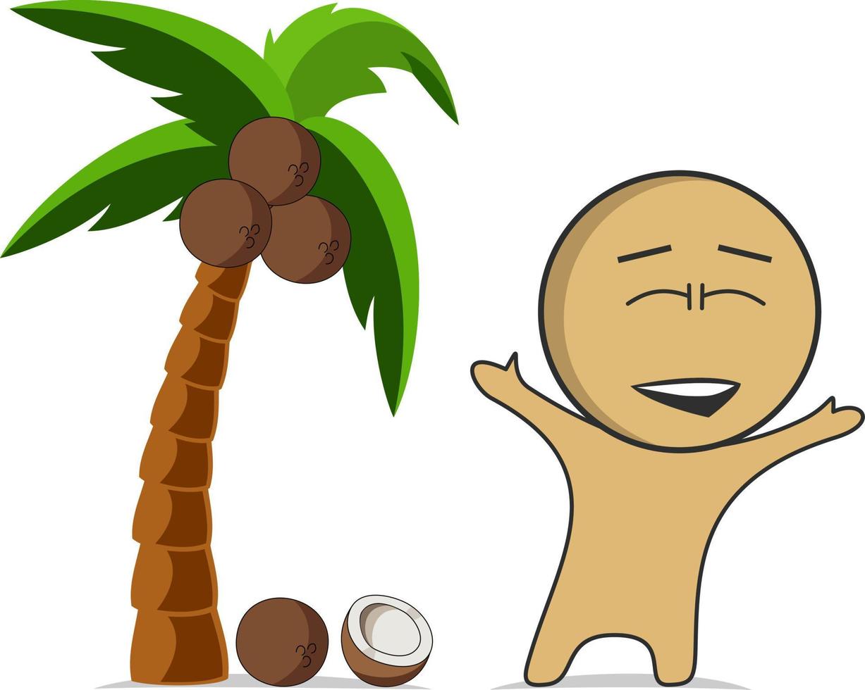 A boy under a palm tree with coconuts joyfully raised his hands up vector