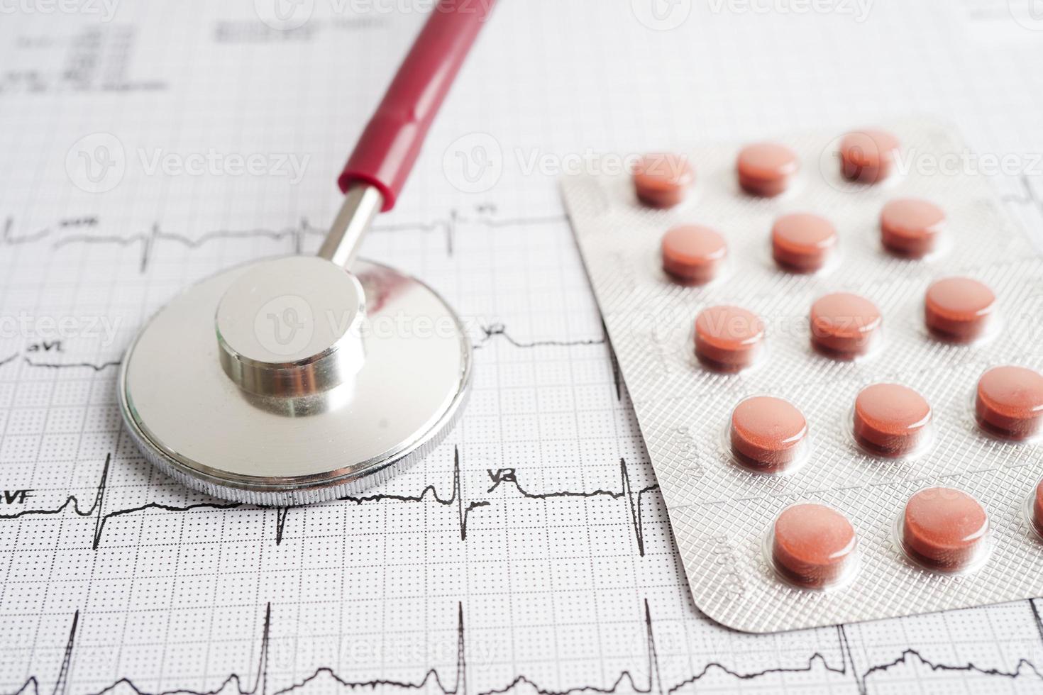 Stethoscope on electrocardiogram  with drug, heart wave, heart attack, cardiogram report. photo