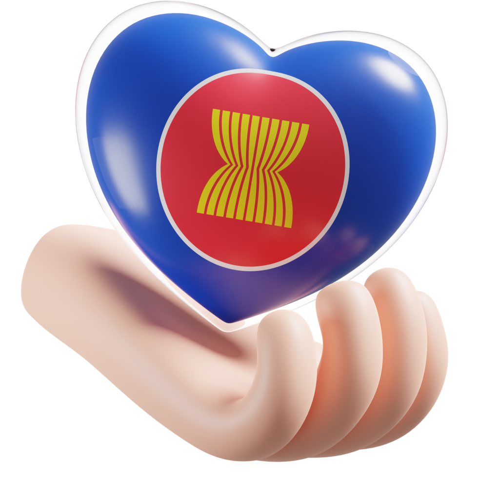 Association of Southeast Asian Nations flag with heart hand care realistic 3d textured png
