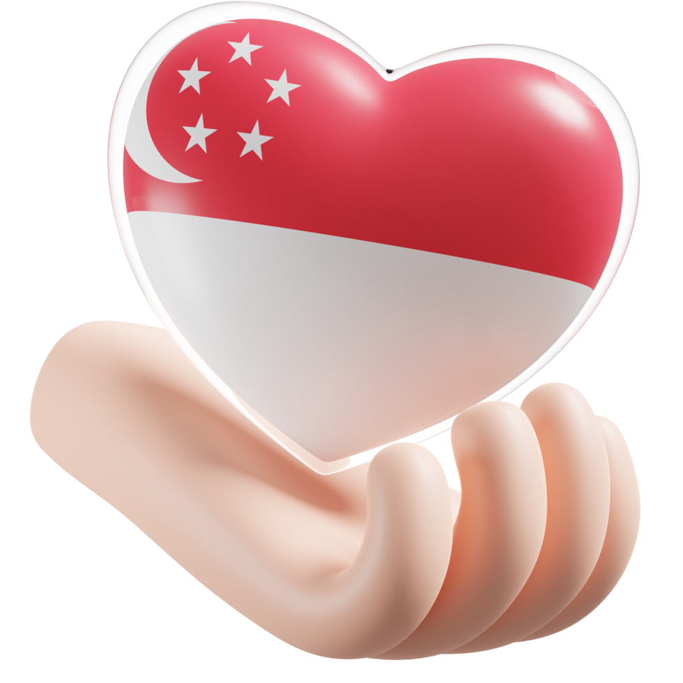 Singapore bandiera con cuore mano cura realistico 3d strutturato png