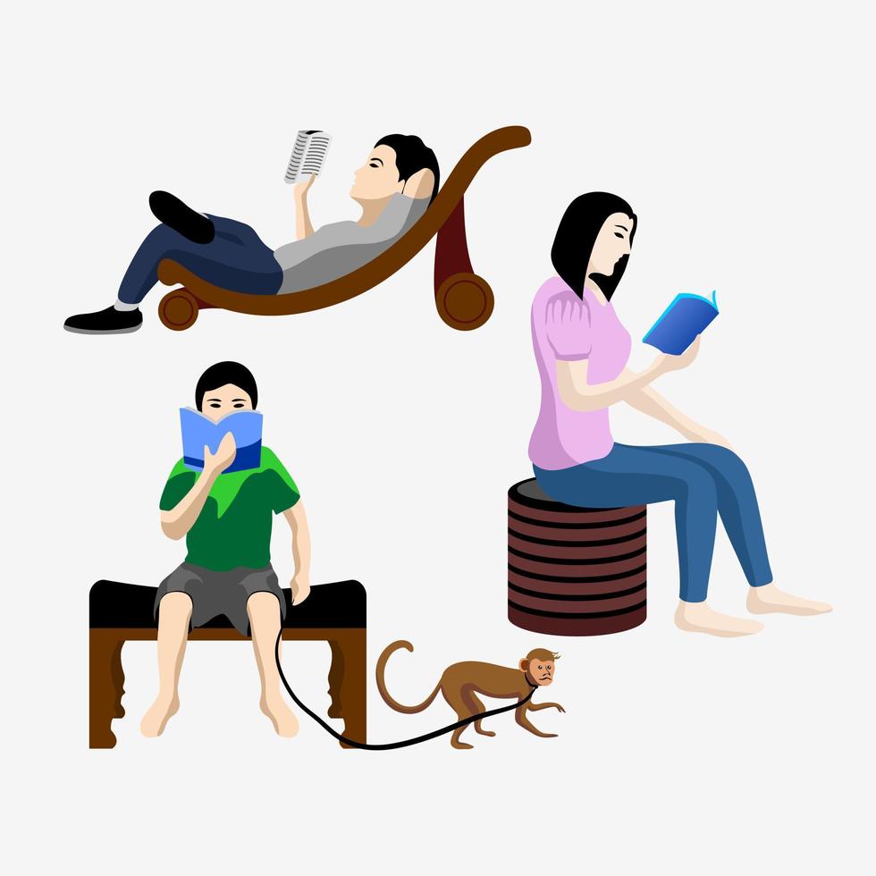 collection of people or students reading a book or studying. A collection of book lovers, readers, fans of modern literature in a sitting position. Flat cartoon vector illustration reading a book