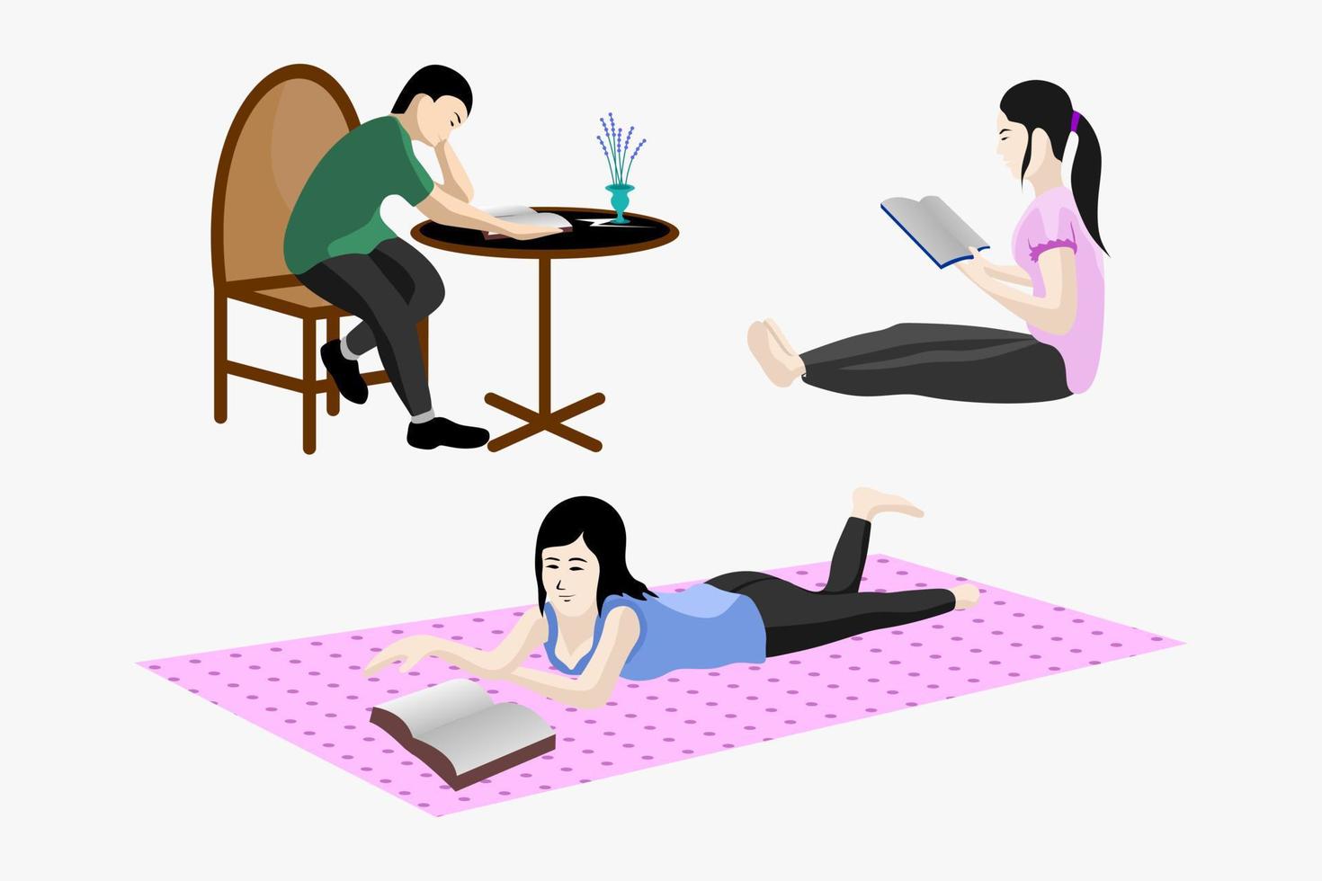 people or students reading a book or studying. Set of book lovers, readers, fans of modern literature in sitting and relaxing position. Flat cartoon vector illustration reading a book