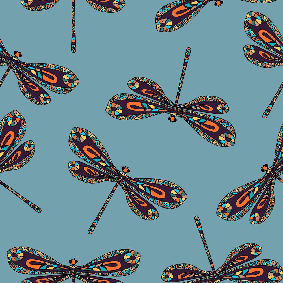 Seamless pattern with hand drawn   dragonfly in zentangle style. vector
