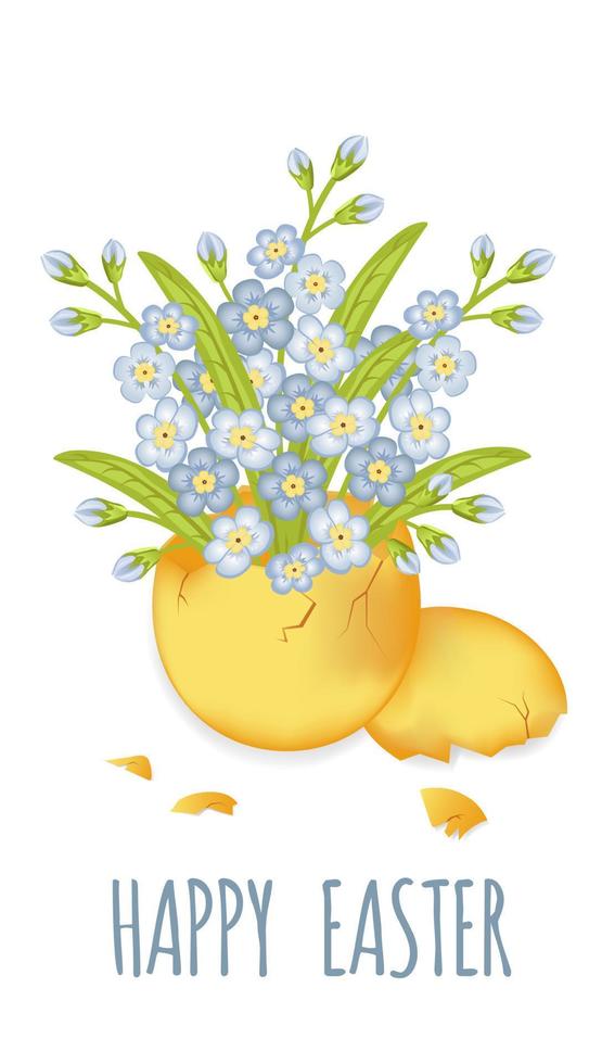Happy easter. Forget-me-not flowers  in easter egg shell. vector