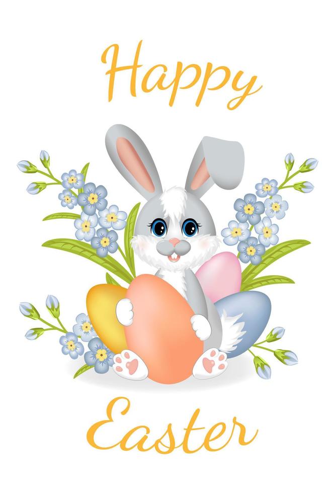 Happy easter. Cute little rabbit or hare sitting with easter eggs and flowers of forget-me-not. vector
