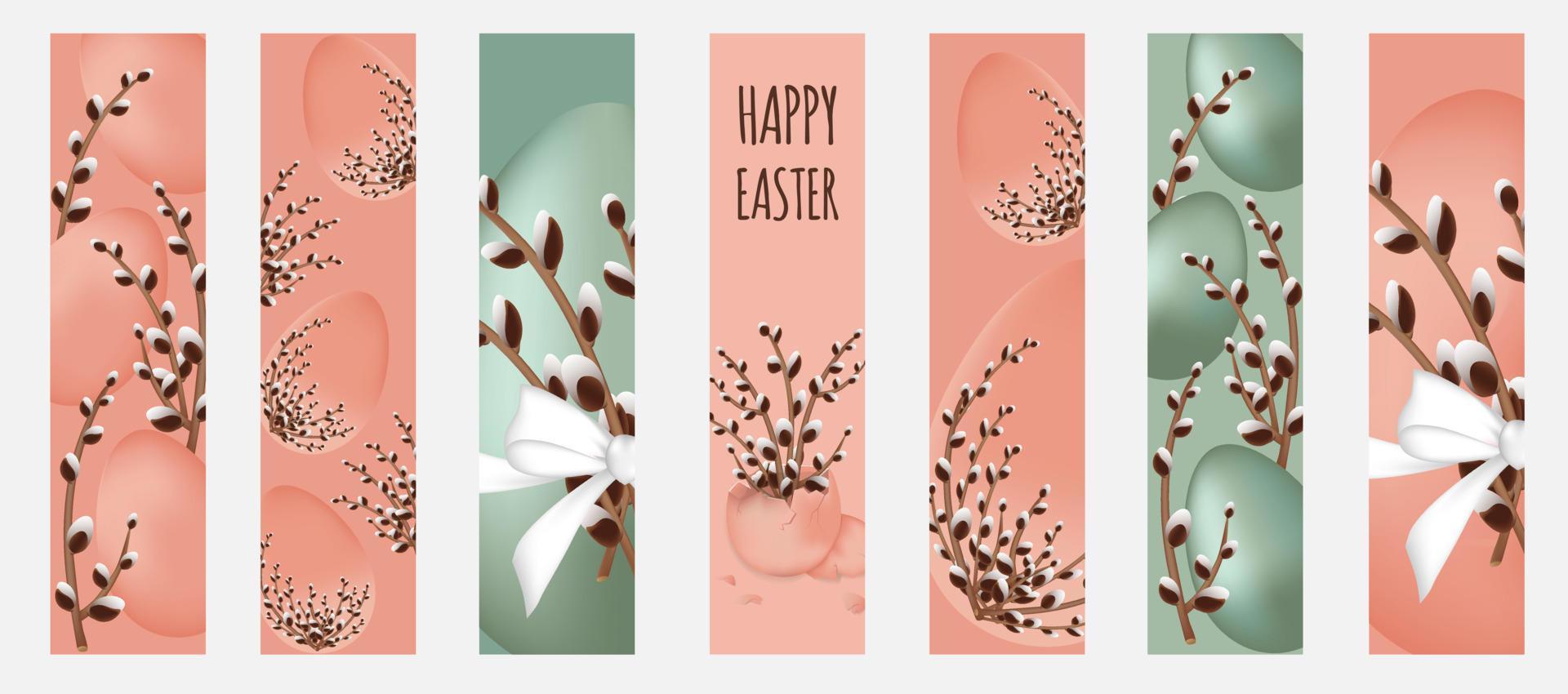 Set of vector banners, bookmarks. Happy easter concept with willow branches and eggs.