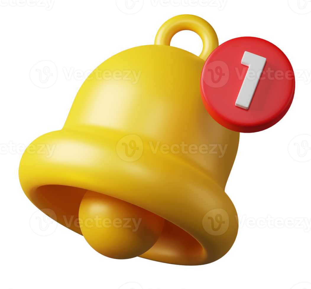 Cute cartoon yellow bell alarm popup notification reminder alert icon sign or symbol on UI social media or website 3D rendering illustration on transparent background png