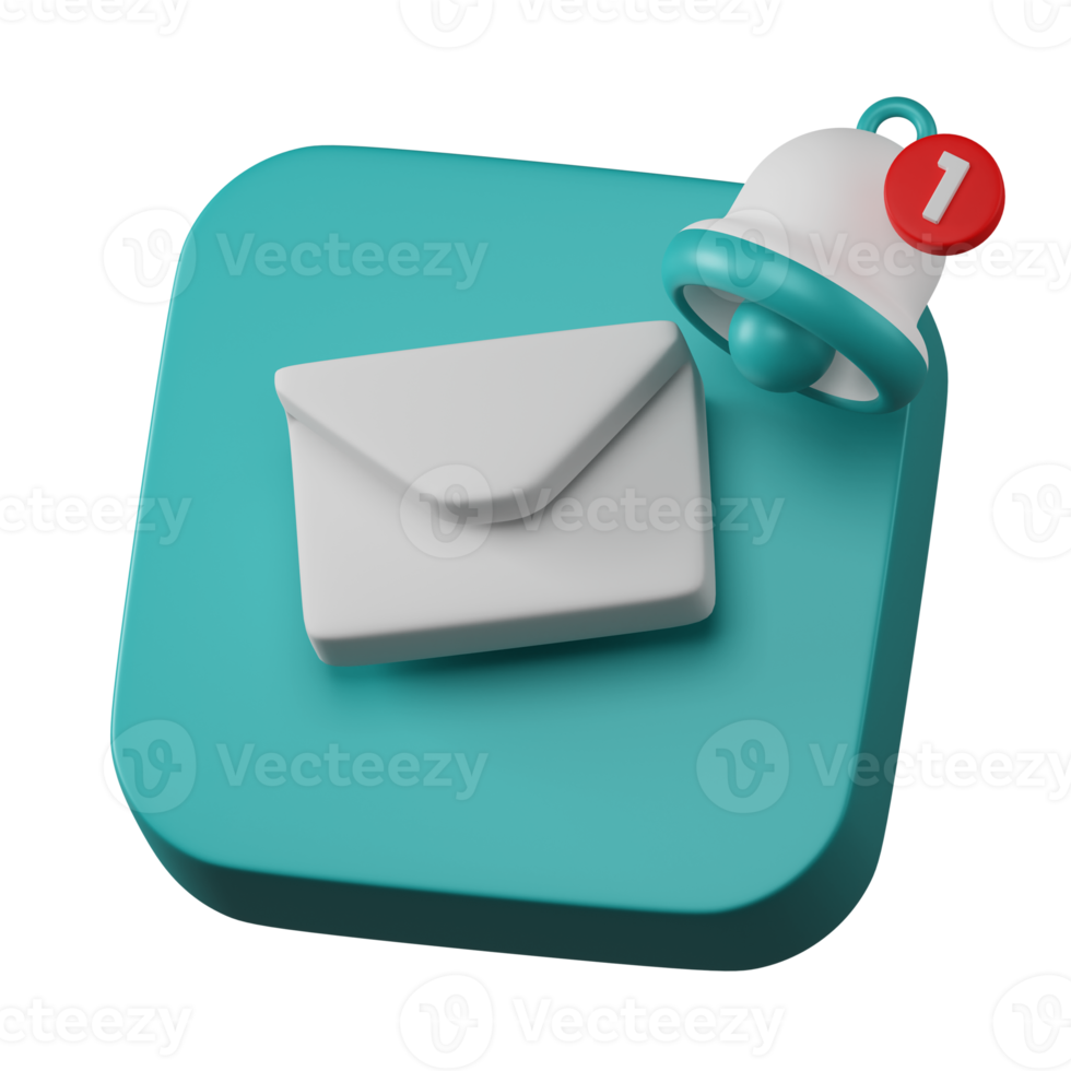 Envelope email with bell notification alert inbox sign icon on light blue board 3d rendering png