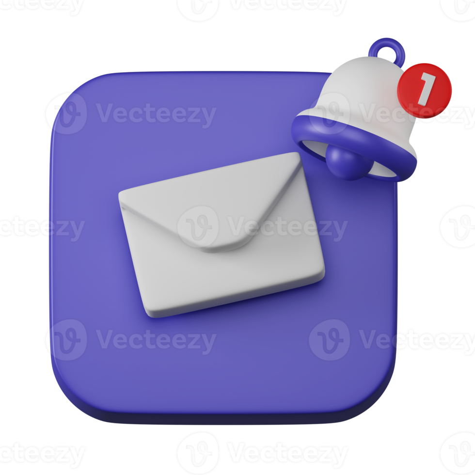 Envelope email with bell notification alert inbox sign icon on purple board 3d rendering png