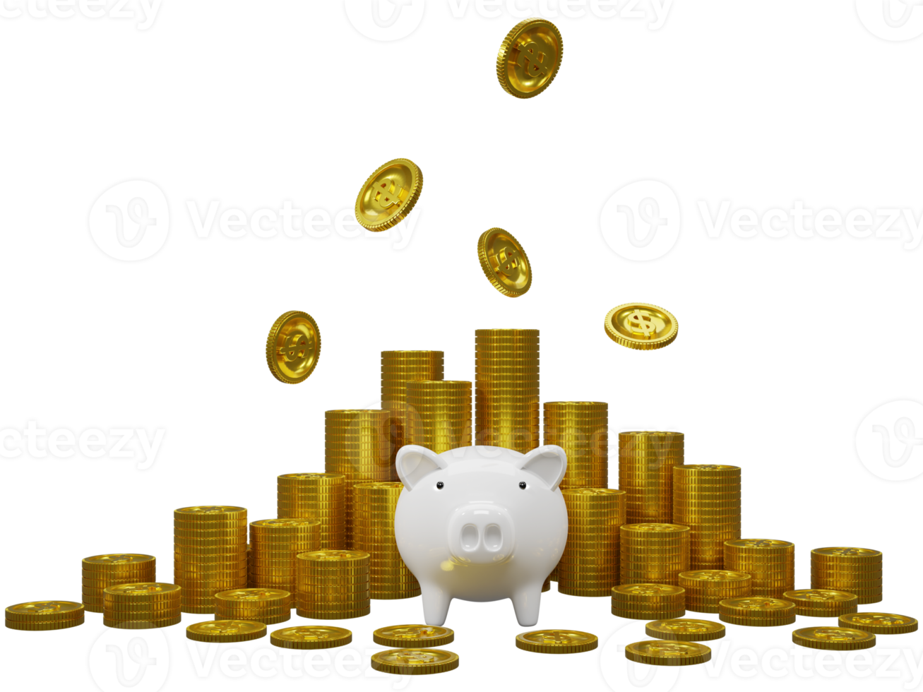 Stack of 3D golden coins with piggy bank. 3D render illustration. png