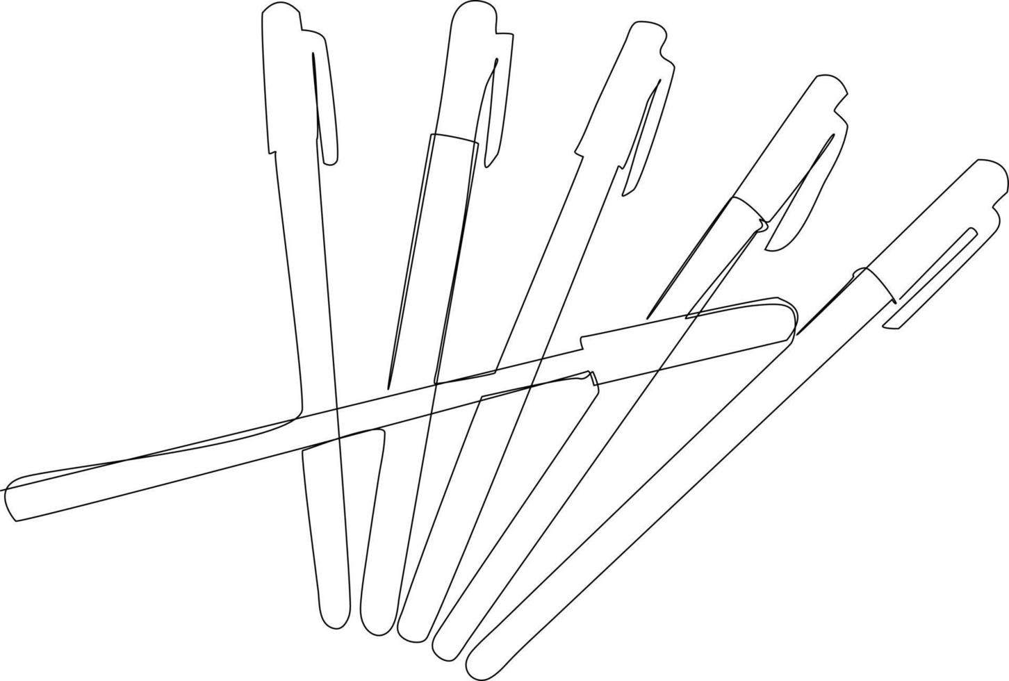 Continuous one line drawing pens. School and office supplies concept. Single line draw design vector graphic illustration.