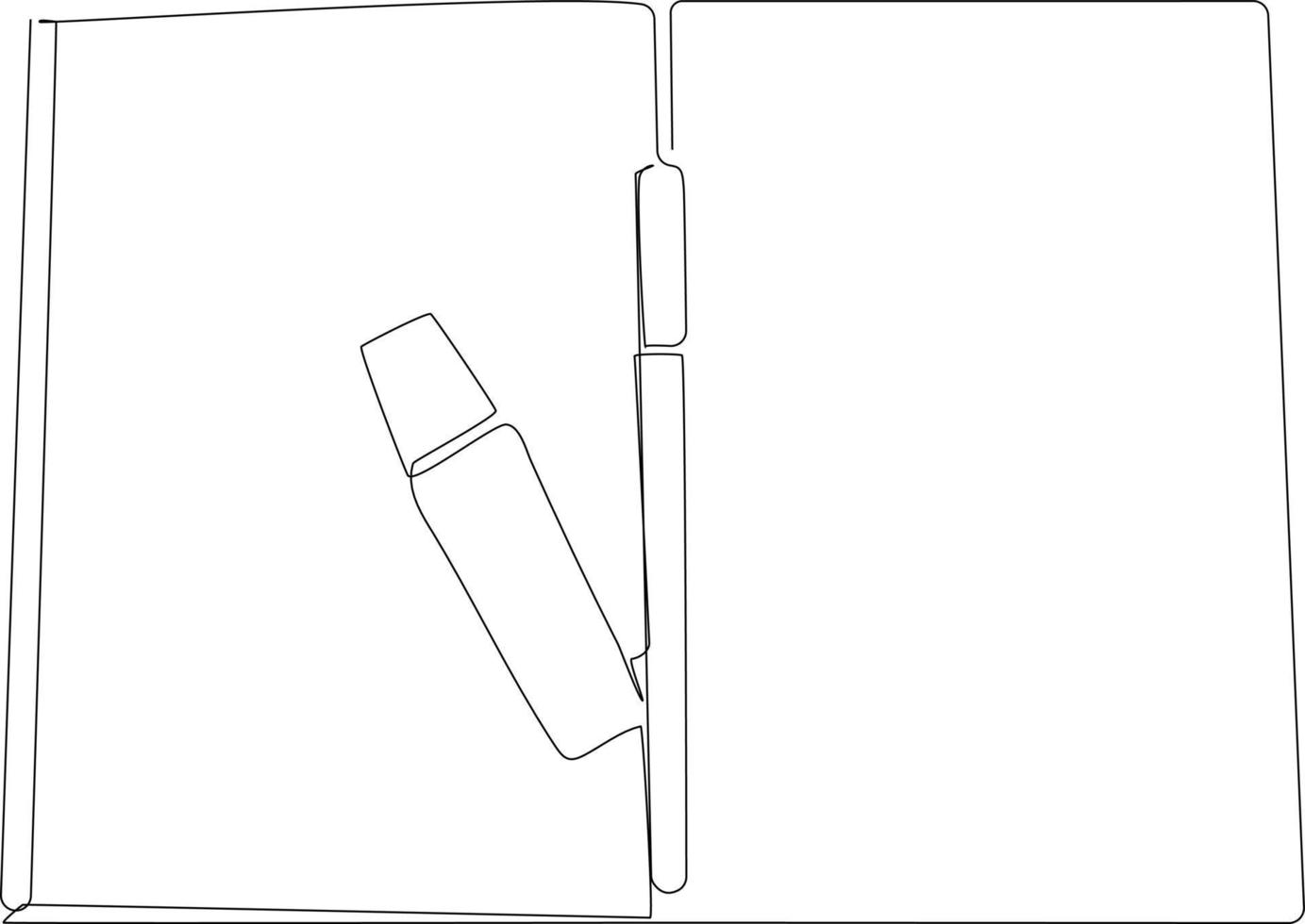 Continuous one line drawing highlighter on book. School and office supplies concept. Single line draw design vector graphic illustration.