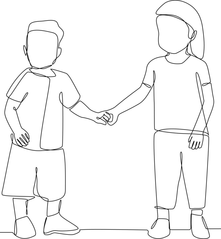 Continuous one line drawing happy little boy and girl with casual costume. Family concept. Single line draw design vector graphic illustration.