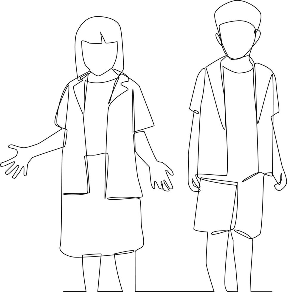 Continuous one line drawing happy little boy and girl with casual costume. Family concept. Single line draw design vector graphic illustration.