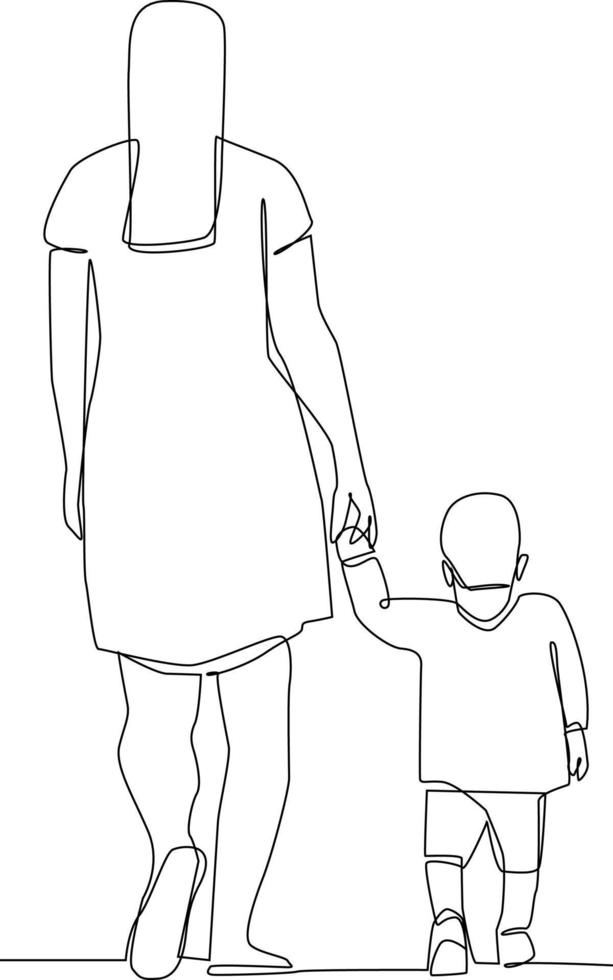 Continuous one line drawing back view mother walking with her son. Family concept. Single line draw design vector graphic illustration.