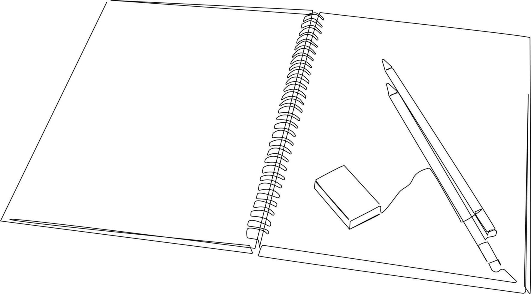 Continuous one line drawing book, pen and eraser. School and office supplies concept. Single line draw design vector graphic illustration.