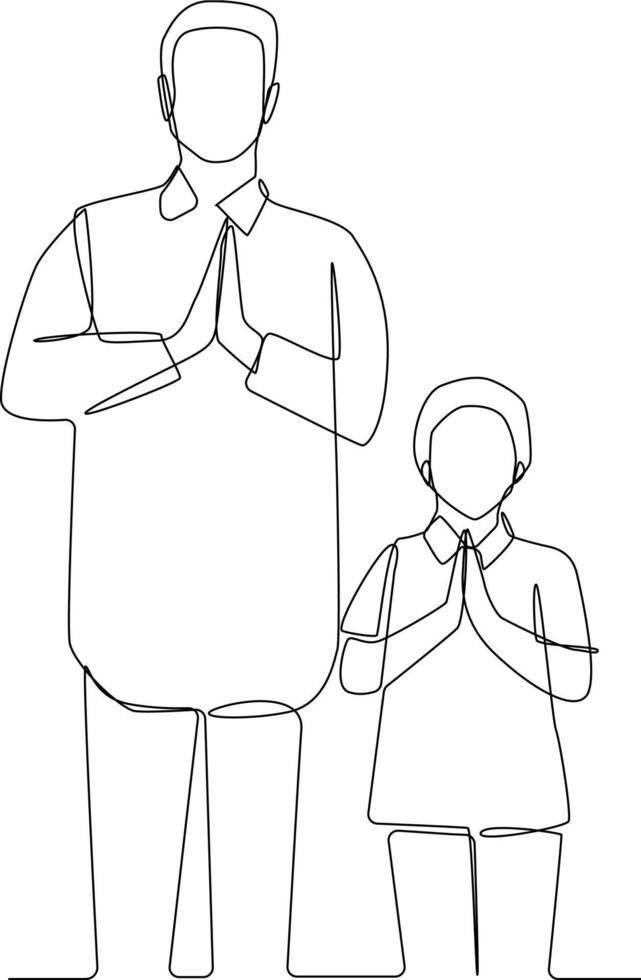 Continuous one line drawing father and son greeting Ramadan. Happy muslim Islamic family. Family concept. Single line draw design vector graphic illustration.