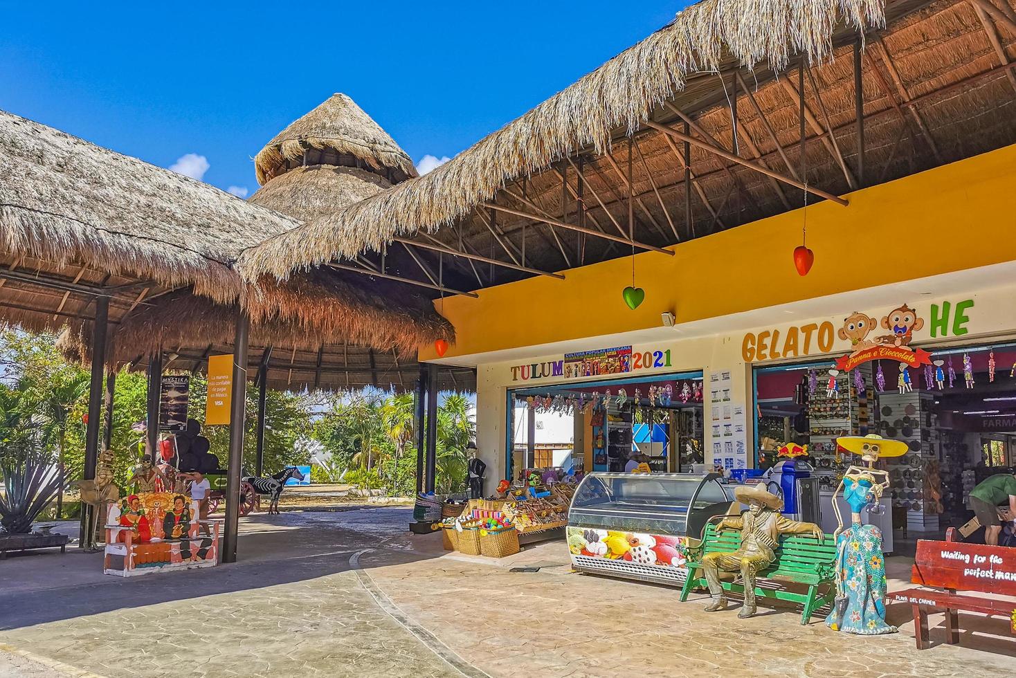Tulum Quintana Roo Mexico 2022 Typical colorful street road bars restaurants palms shops Tulum Mexico. photo