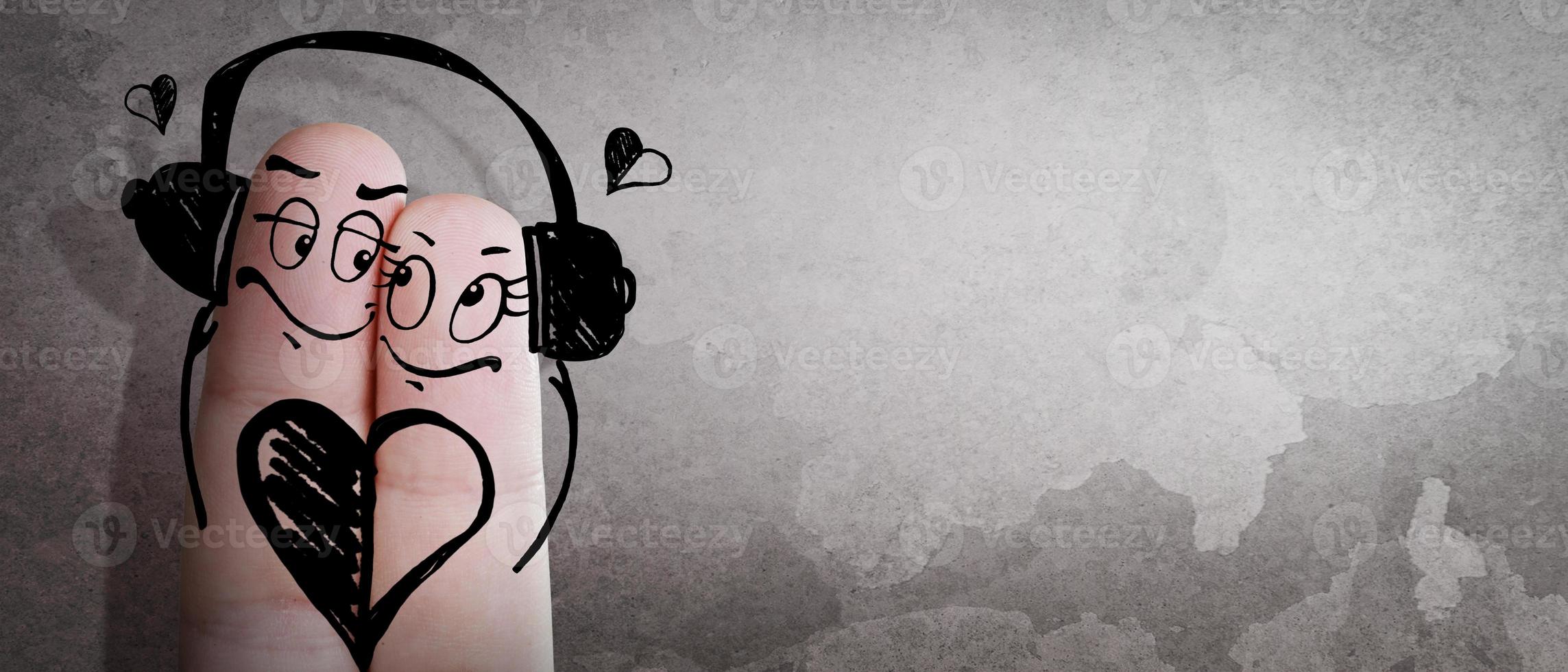 Happy finger couple in love with headphone. 3d illustration. photo