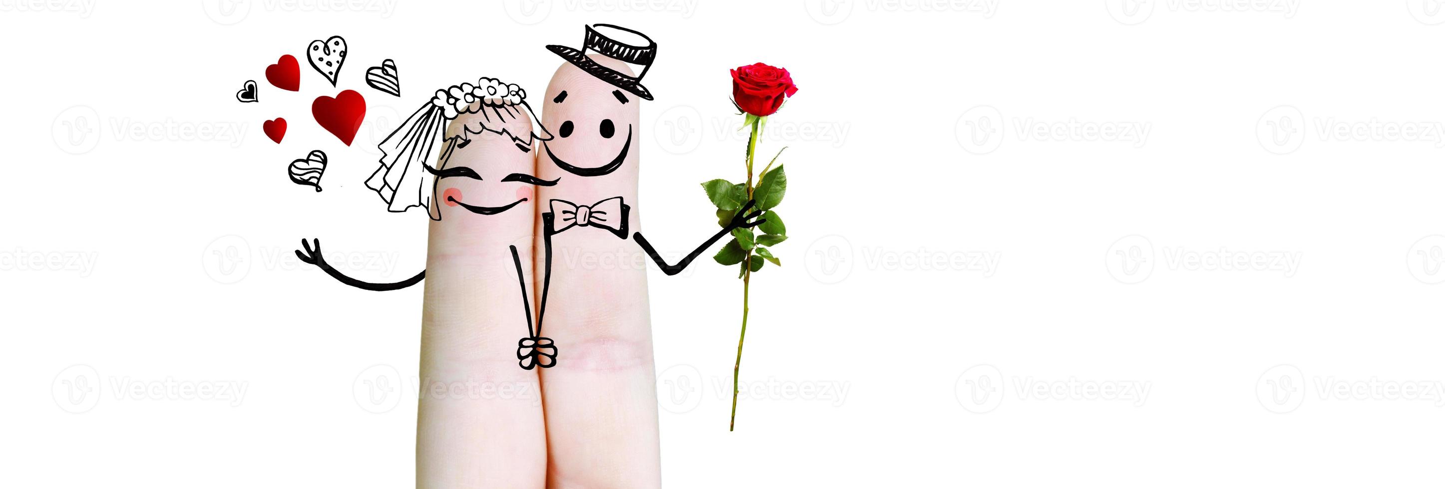 Happy finger couple in love with red rose. 3d illustration. photo
