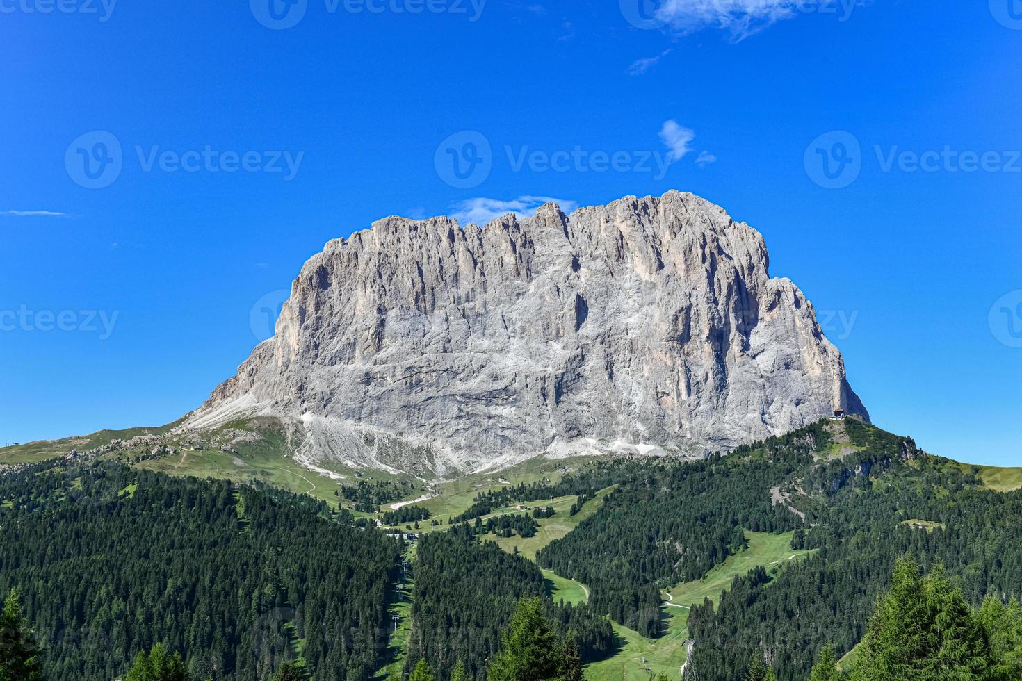 Aerial view of Gardena Pass, Passo Gardena, Rifugio Frara, Dolomiti, Dolomites, South Tyrol, Italy, UNESCO World Heritage. photo