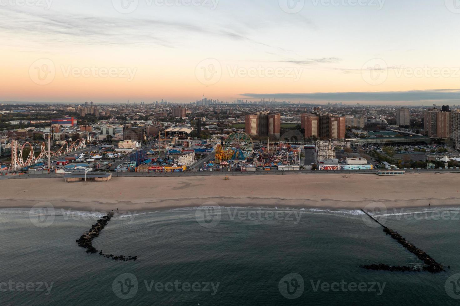 Aerial view along Coney Island in Brooklyn, New York at sunrise. photo