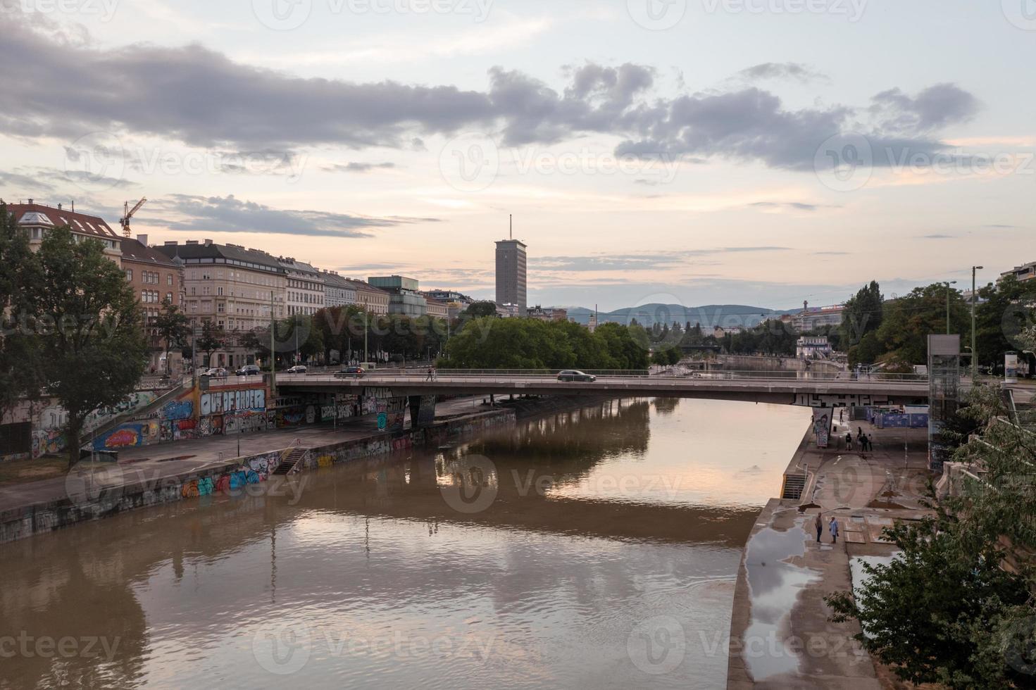 Vienna, Austria - Jul 18, 2021, Aerial view of the Sweden Bridge over the Danube Canal in Vienna, Austria. photo