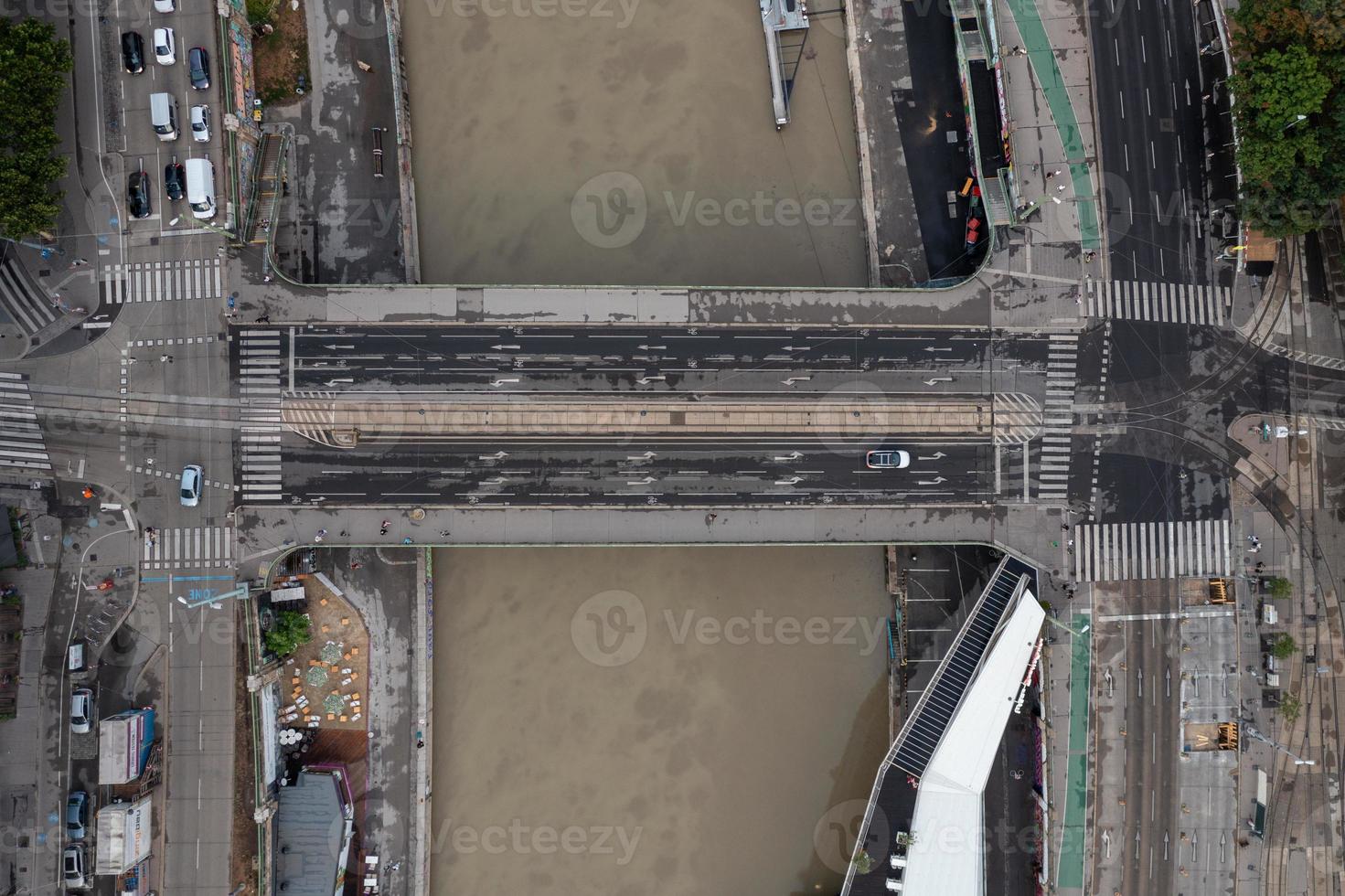 Vienna, Austria - Jul 18, 2021, Aerial view of the Sweden Bridge over the Danube Canal in Vienna, Austria. photo
