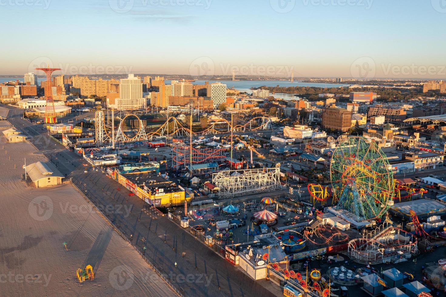 Aerial view along Coney Island in Brooklyn, New York at sunrise. photo