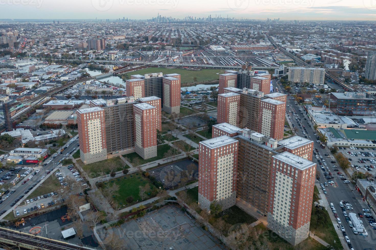 Aerial view along the projects Coney Island in Brooklyn, New York at sunrise. photo