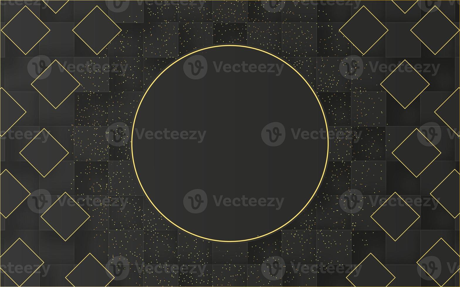 Black and gold circle background and hexagon design. Small golden dots abstract graphic design. Luxury elegant background with golden element and dots particle on dark black surface. photo