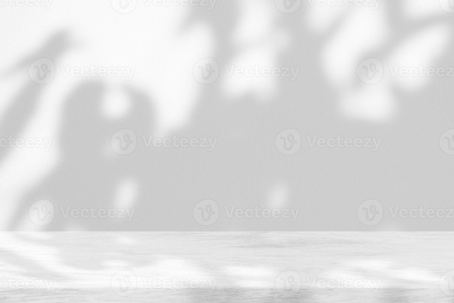 White Wood Table with Tree Shadow on Concrete Wall Texture Background, Suitable for Product Presentation Backdrop, Display, and Mock up. photo