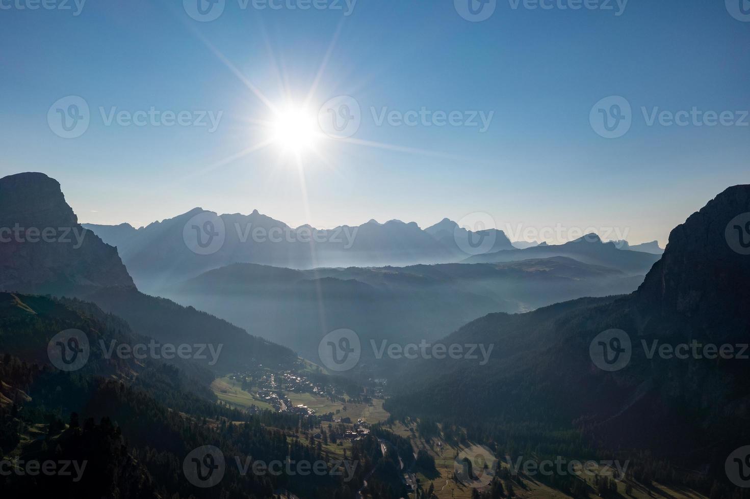 Aerial view of Gardena Pass, Passo Gardena, Rifugio Frara, Dolomiti, Dolomites, South Tyrol, Italy, UNESCO World Heritage. photo