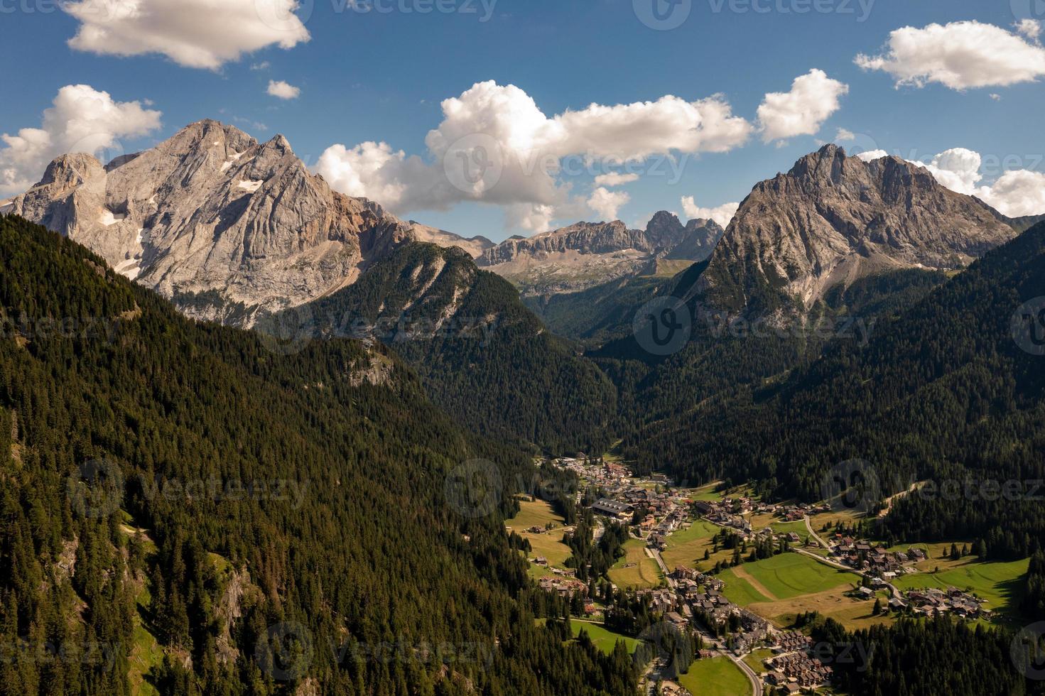 Dolomites, Passo Sella. Beautiful view of Canazei from Passo Sella. Dolomites, Italy. photo