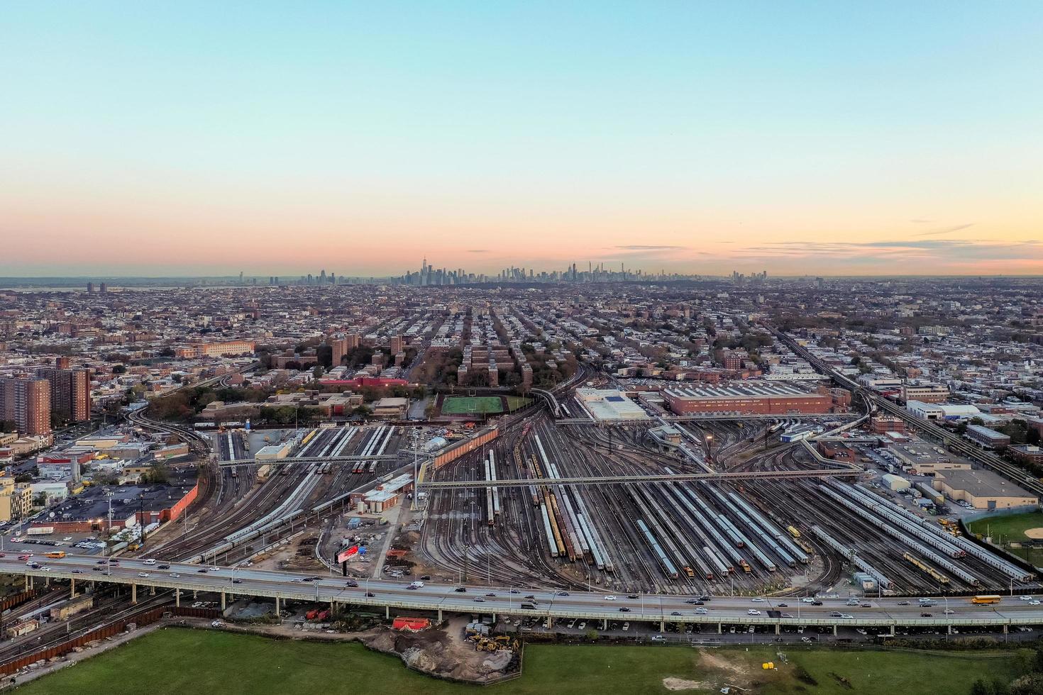 New York - Nov 4, 2021, Coney Island train yard and the Belt Parkway in Brooklyn, New York. photo