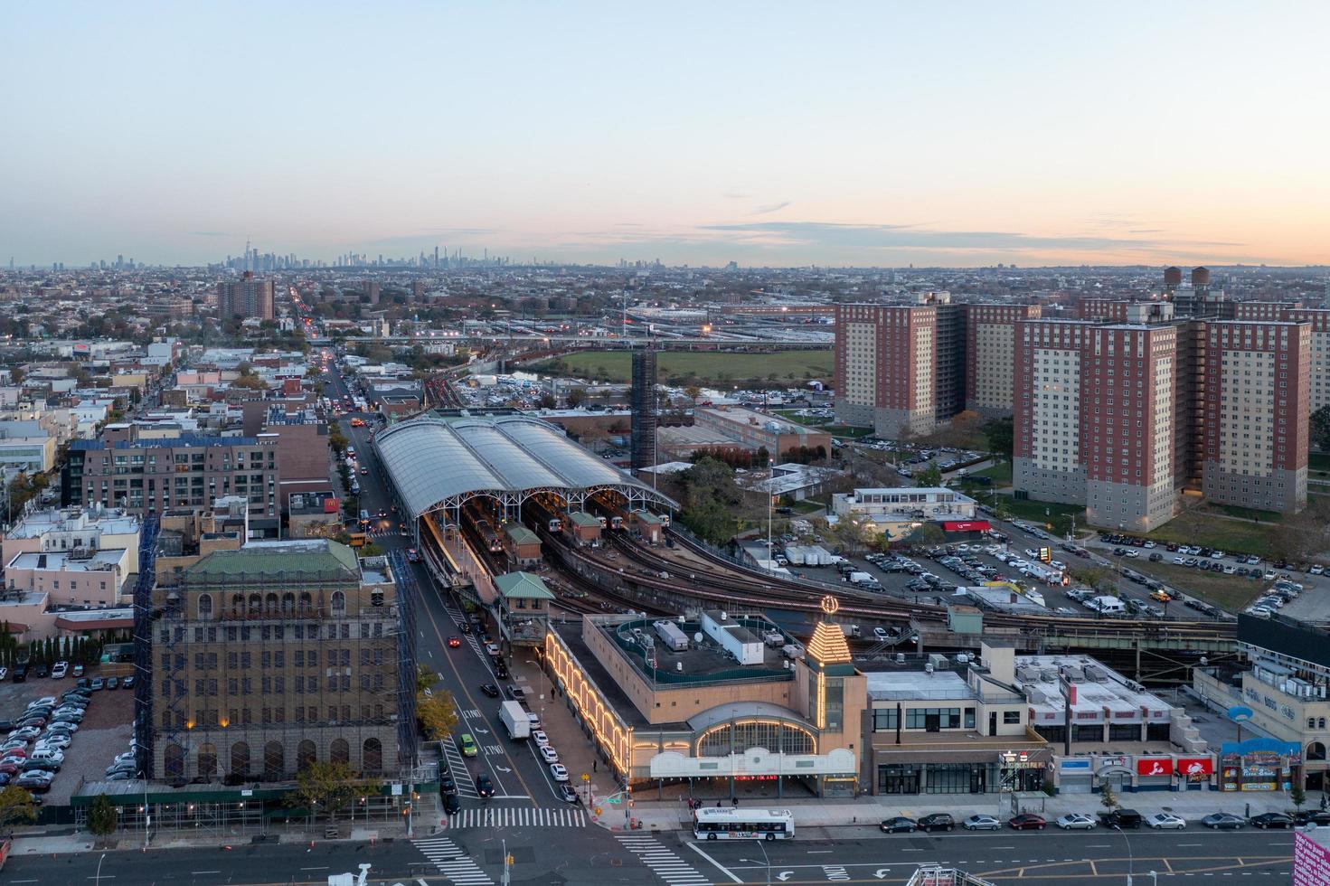 New York - Nov 4, 2021, Aerial view along Coney Island and the termial subway station in Brooklyn, New York at sunrise. photo