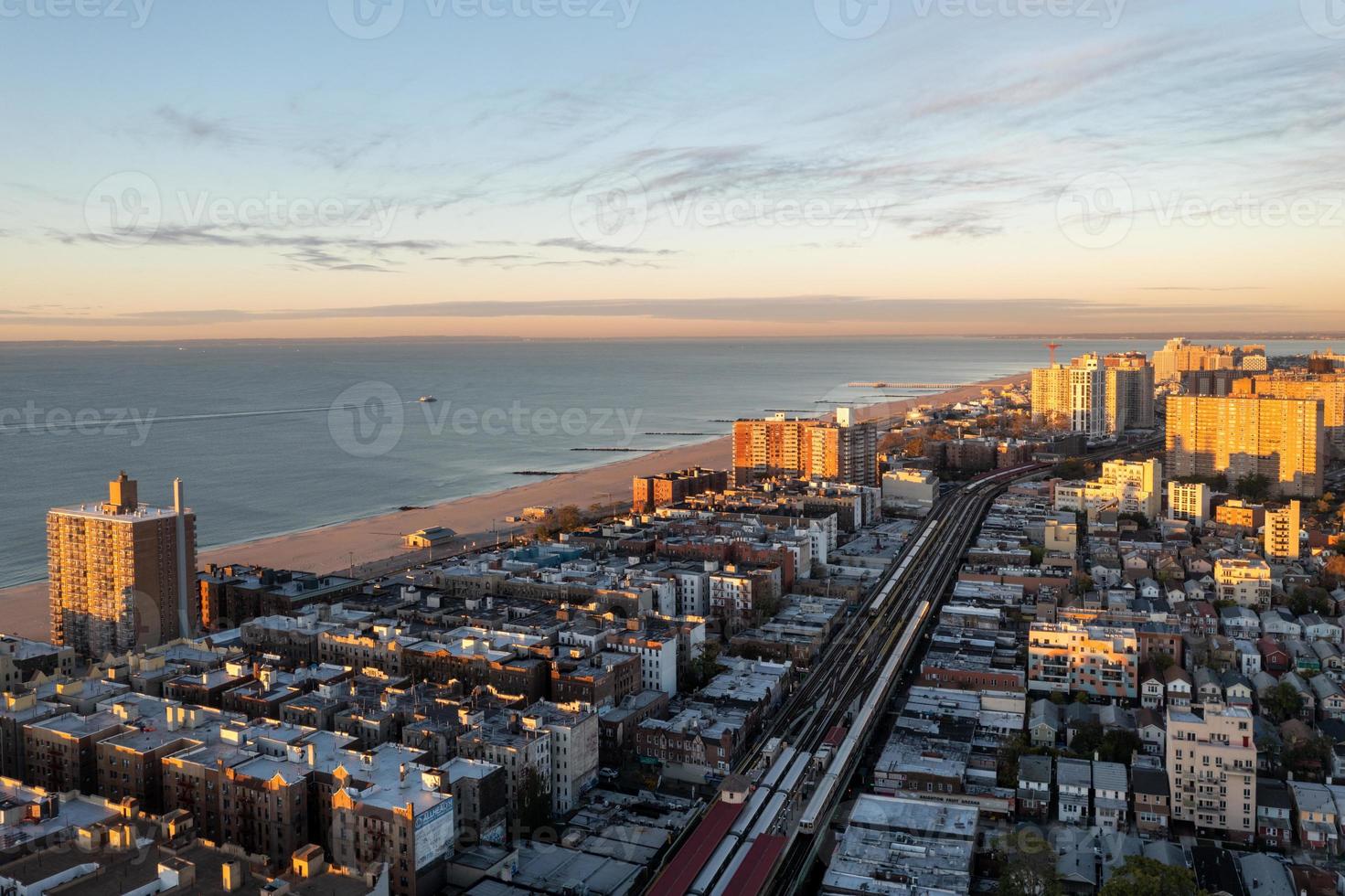 Aerial view along Coney Island in Brooklyn, New York at sunrise. photo