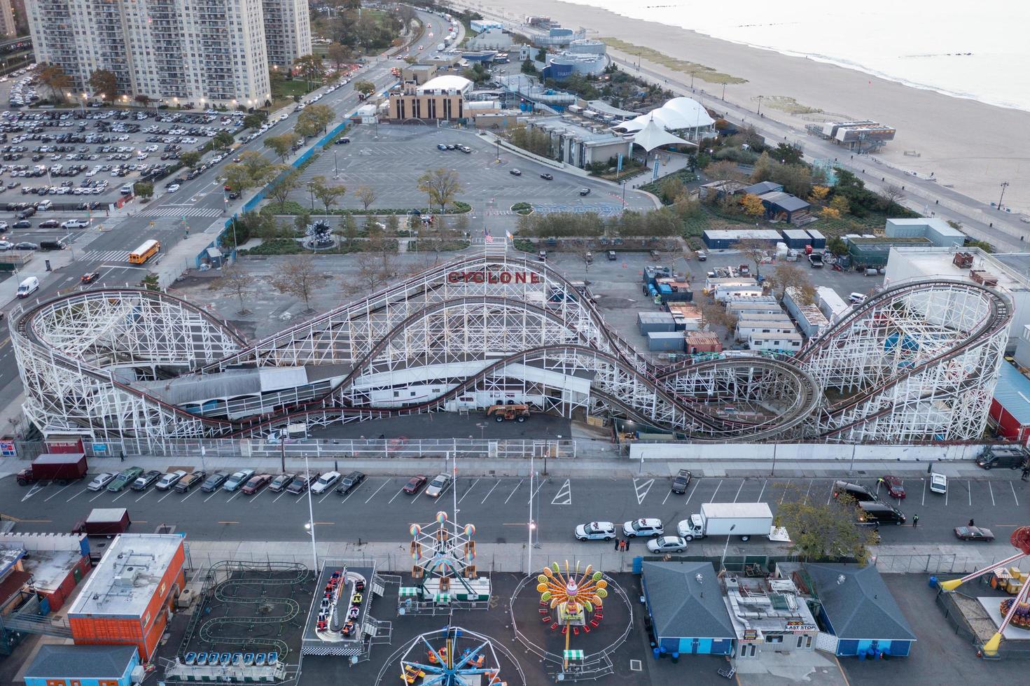 New York - Nov 4, 2021, Aerial view along Coney Island and the Cyclone Rollercoaster in Brooklyn, New York at sunrise. photo