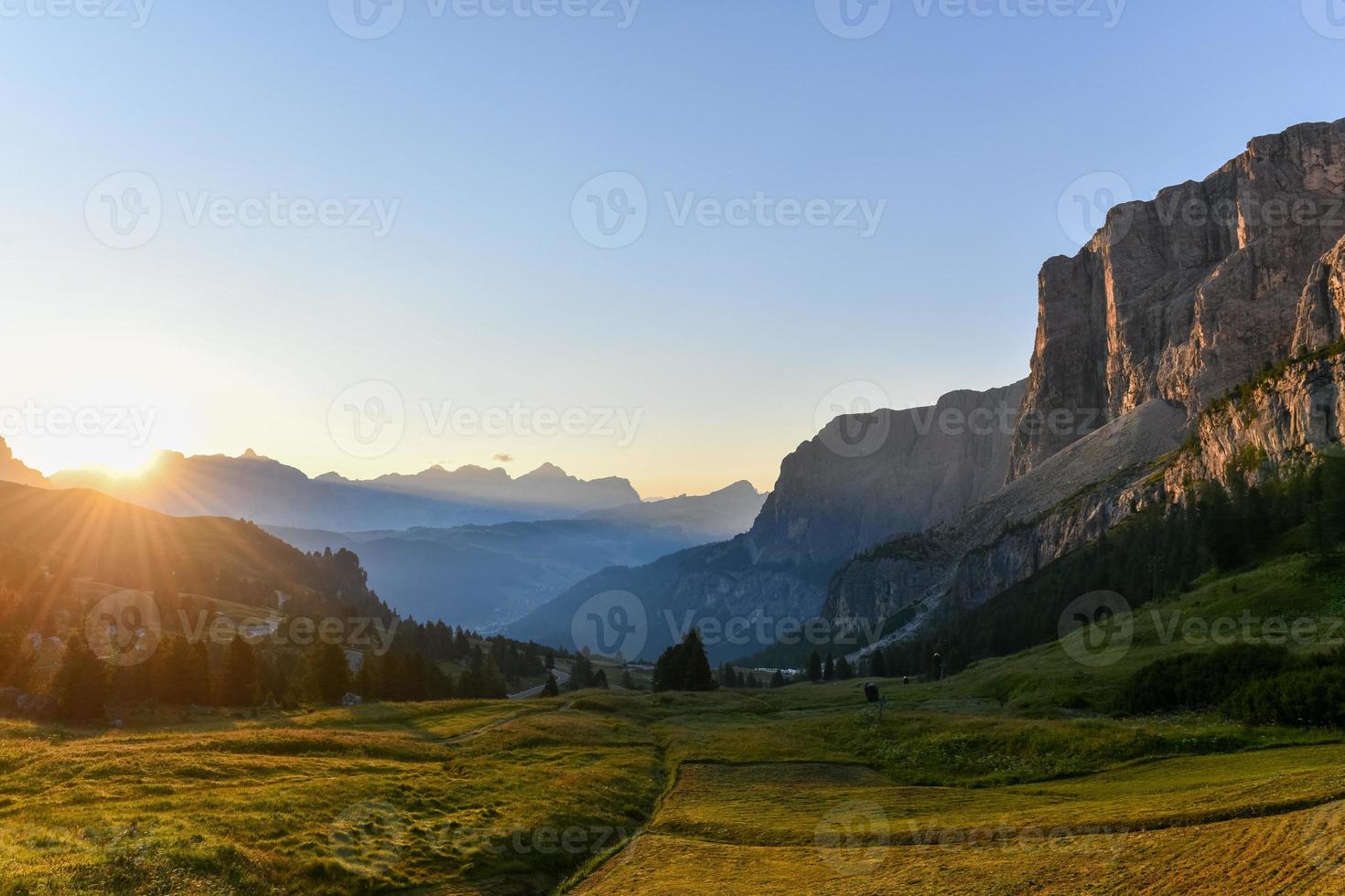 Aerial view of Gardena Pass, Passo Gardena, Rifugio Frara, Dolomiti, Dolomites, South Tyrol, Italy, UNESCO World Heritage. photo