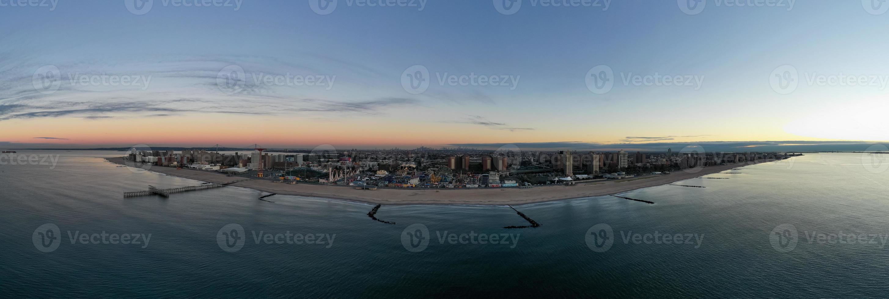 Aerial view along Coney Island in Brooklyn, New York at sunrise. photo